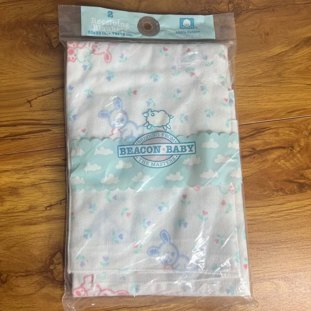 Vintage Beacon Baby‎ Receiving Blankets 30x30 White Bunny Floral 2pk Cotton NEW